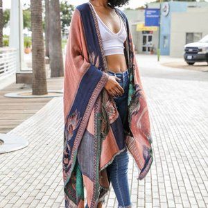 Tops | Rose Turquoise Red Ruana Kimono One Size New Navy | Poshmark